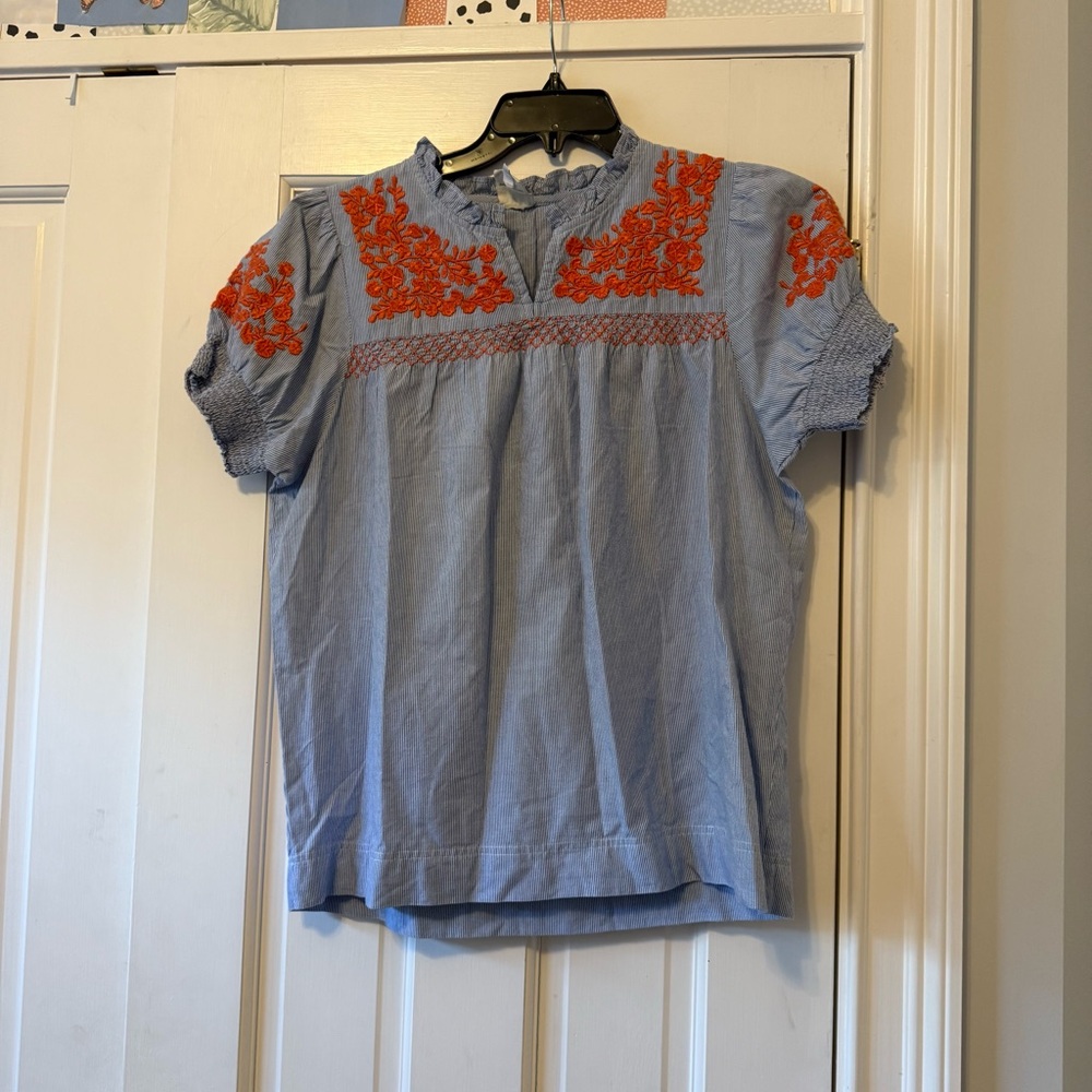Sister Mary Embroidered Blue & White Striped Babydoll Top Size XS